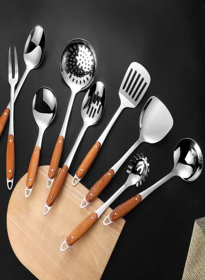 Lazycorner 304 Stainless Steel Cooking Utensils Set,9PCS Metal Kitchen Utensils Set with Wooden Handle,Solid Spoon,Spatula,Ladle,Skimmer,Spaghetti Spoon,Dishwasher Safe - Image 3