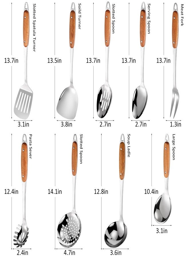 Lazycorner 304 Stainless Steel Cooking Utensils Set,9PCS Metal Kitchen Utensils Set with Wooden Handle,Solid Spoon,Spatula,Ladle,Skimmer,Spaghetti Spoon,Dishwasher Safe - Image 2