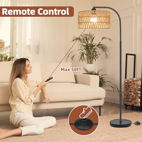 Brilvibera Rattan Floor Lamps for Living Room, Boho Standing Lamps with Rattan& Linen Double Shades, Arc Lamps Floor Standing with 9W Bulb, Foot Switch, Bohemian Floor Lamps for Bedroom, Office - Image 4