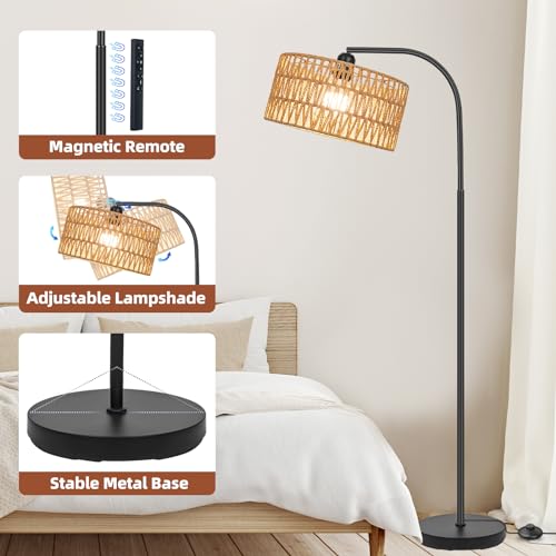 Brilvibera Rattan Floor Lamps for Living Room, Boho Standing Lamps with Rattan& Linen Double Shades, Arc Lamps Floor Standing with 9W Bulb, Foot Switch, Bohemian Floor Lamps for Bedroom, Office - Image 5