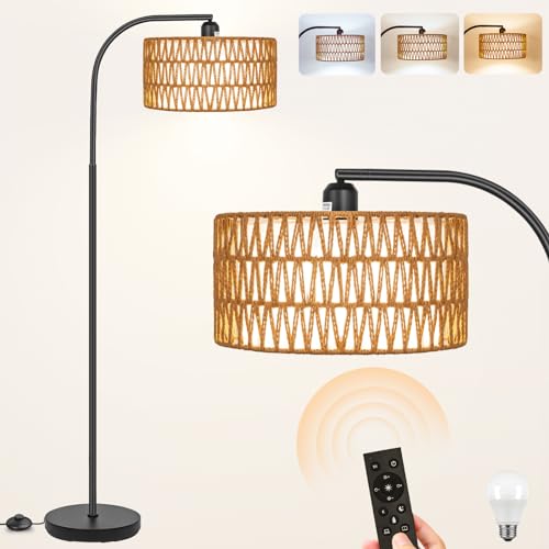 Brilvibera Rattan Floor Lamps for Living Room, Boho Standing Lamps with Rattan& Linen Double Shades, Arc Lamps Floor Standing with 9W Bulb, Foot Switch, Bohemian Floor Lamps for Bedroom, Office - Image 1
