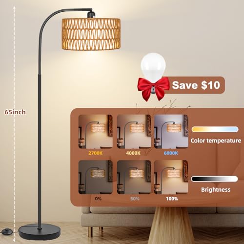 Brilvibera Rattan Floor Lamps for Living Room, Boho Standing Lamps with Rattan& Linen Double Shades, Arc Lamps Floor Standing with 9W Bulb, Foot Switch, Bohemian Floor Lamps for Bedroom, Office - Image 3