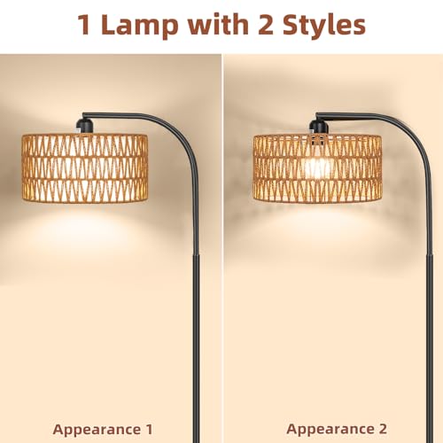 Brilvibera Rattan Floor Lamps for Living Room, Boho Standing Lamps with Rattan& Linen Double Shades, Arc Lamps Floor Standing with 9W Bulb, Foot Switch, Bohemian Floor Lamps for Bedroom, Office - Image 2
