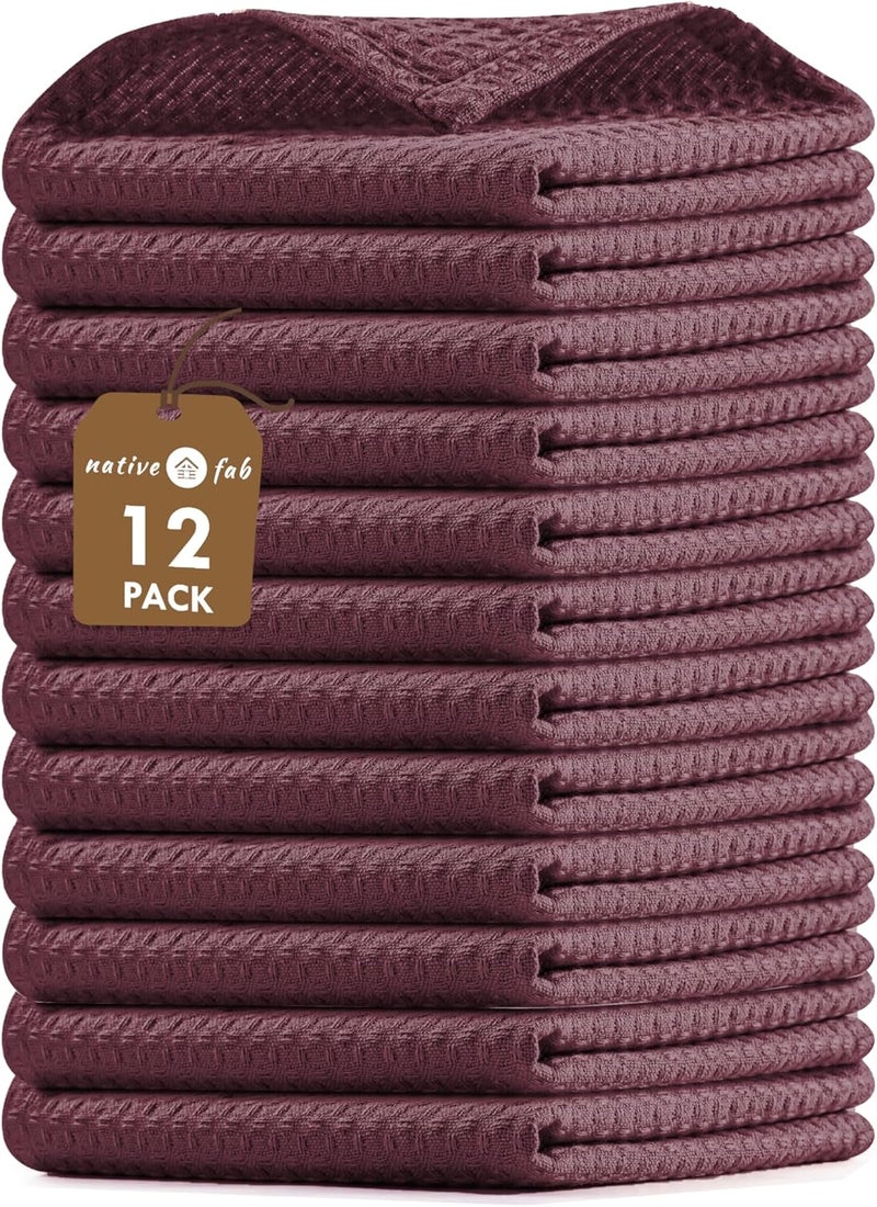 Native Fab Waffle 12 Pack Dish Cloths  100 Cotton Absorbent Quick Dry Washable Towels for Cleaning Cooking  Drying Dishes  Perfect for Home Restaurants Bars Cafes  12x12  Burgundy - Image 1
