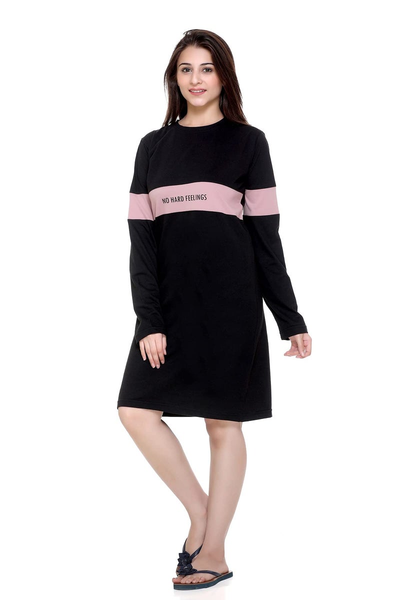 Plush Women's Cotton T-Shirt Knee Length Dress/Girls Bodycon Striped Midi Dress (L-BL) Black - Image 2