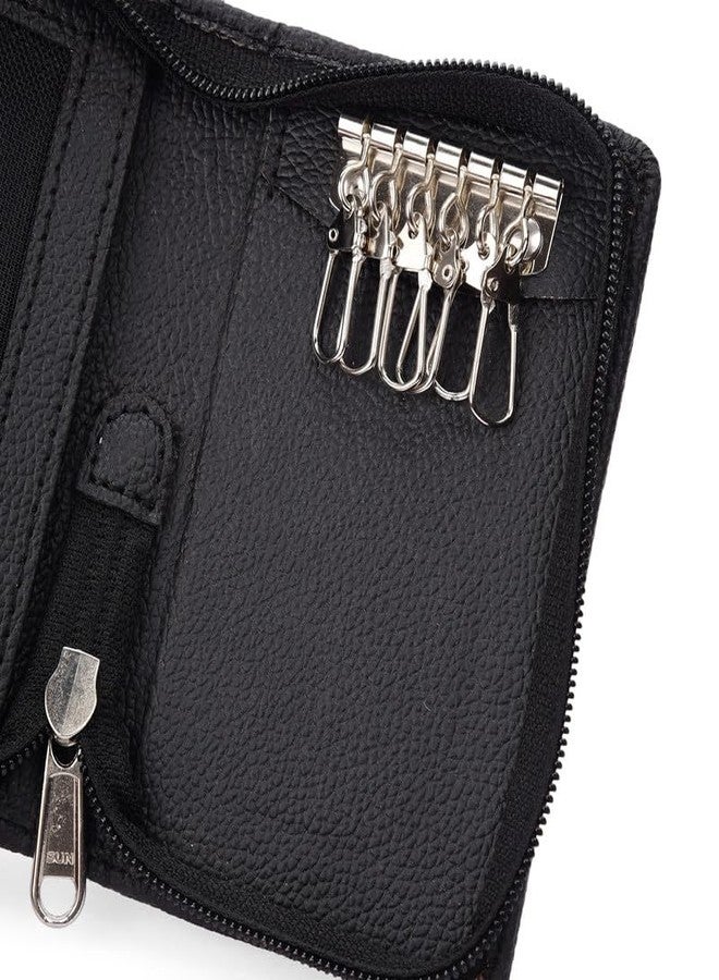 essart PU Leather Key Case Pouch Wallet Set of 3 Keychain Key Pouch Holder Men & Women Key Pouch Holder, Bank Locker Key Pouch with 6 Hooks Zipper Closure Black-Brown-Cherry - Image 5