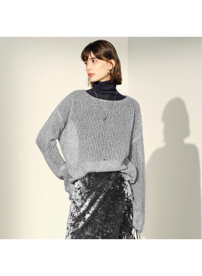 Yanyee Women's Purple Loose Long Sleeve Hollow Out Sheep Wool Crochet Sweater Autumn Gray Xl/42 - Image 1