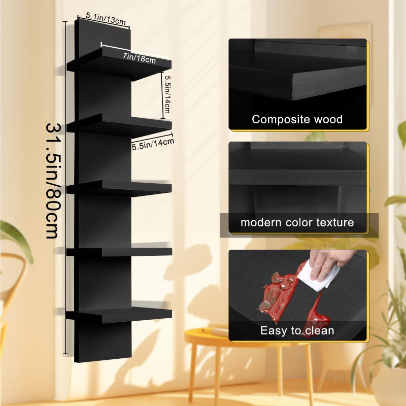 YEXEXINM 2 Pack 5 Tier Wall Shelf Unit - Narrow Smooth Laminate Finish - Vertical Column Wall Decor Mount Floating Storage Home Decor Organizer Tall Tower Utility Shelf for Bedroom, Living Room(Black) - Image 2