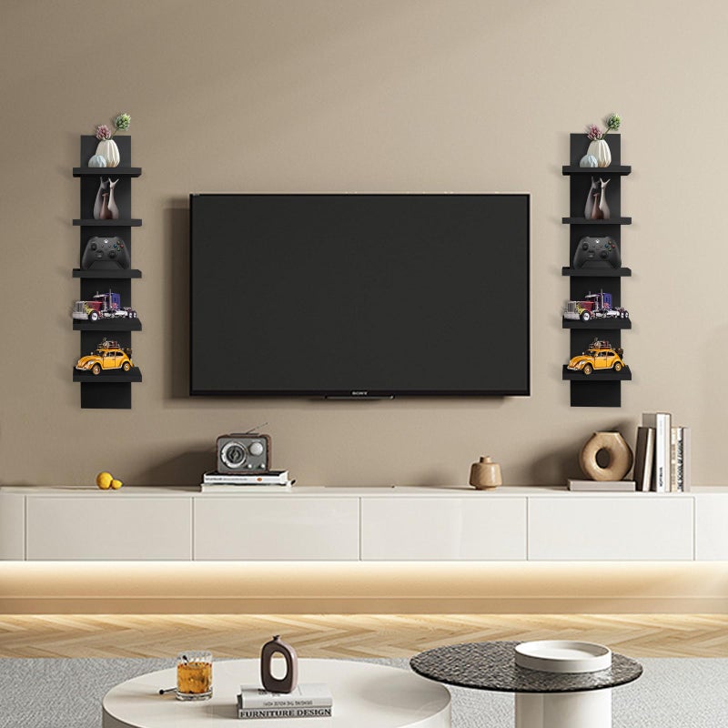 YEXEXINM 2 Pack 5 Tier Wall Shelf Unit - Narrow Smooth Laminate Finish - Vertical Column Wall Decor Mount Floating Storage Home Decor Organizer Tall Tower Utility Shelf for Bedroom, Living Room(Black) - Image 4