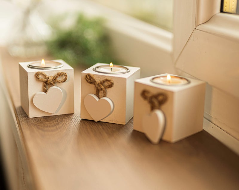White Wooden Love Heart Box Shabby Chic Candle Holders Rustic Home Decor Table Centrepiece Modern 3x Tealight Living Room Accessories Wedding Table Centrepiece