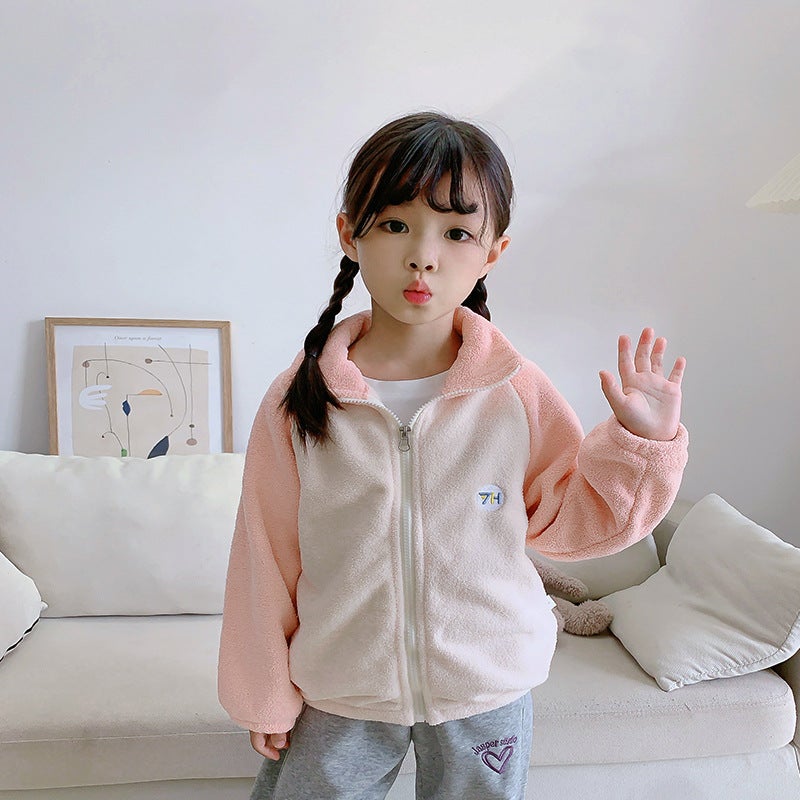 Children'S Fleece Jacket For , Puff Velvet Color-Blocked Zipper Top For Boys And Girls, Stand-Up Collar Cardigan, Casual - Image 4