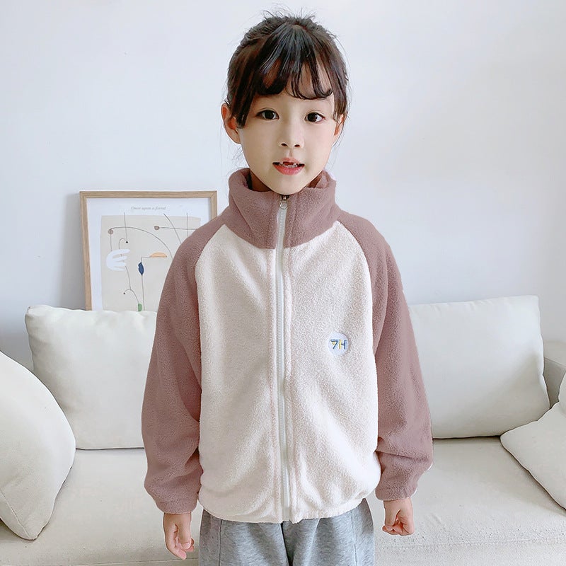Children'S Fleece Jacket For , Puff Velvet Color-Blocked Zipper Top For Boys And Girls, Stand-Up Collar Cardigan, Casual - Image 1