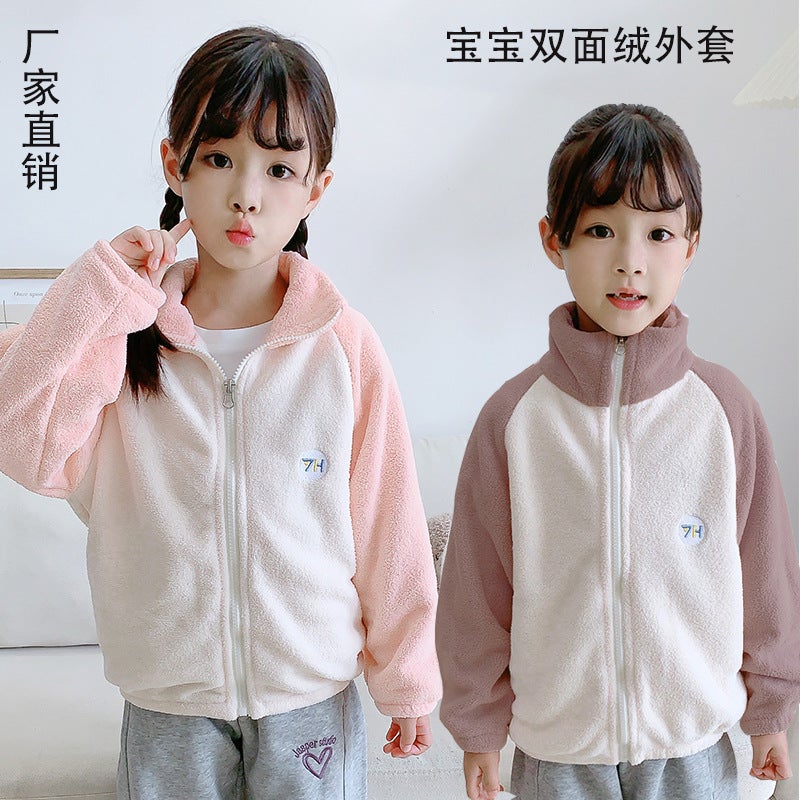 Children'S Fleece Jacket For , Puff Velvet Color-Blocked Zipper Top For Boys And Girls, Stand-Up Collar Cardigan, Casual - Image 2
