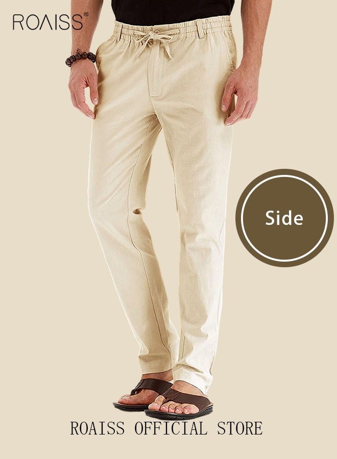 roaiss Men's Casual Solid Color Pants Cotton Versatile Business Trousers Mens Soft Comfortable Mid-Rise Straight Long Pants Loose Lace-Up Drawstring Waist Elastic Design Light Khaki  - Image 4
