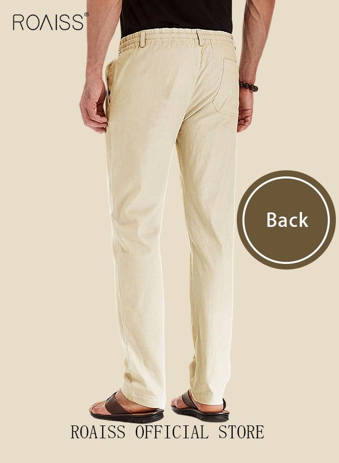 roaiss Men's Casual Solid Color Pants Cotton Versatile Business Trousers Mens Soft Comfortable Mid-Rise Straight Long Pants Loose Lace-Up Drawstring Waist Elastic Design Light Khaki  - Image 5