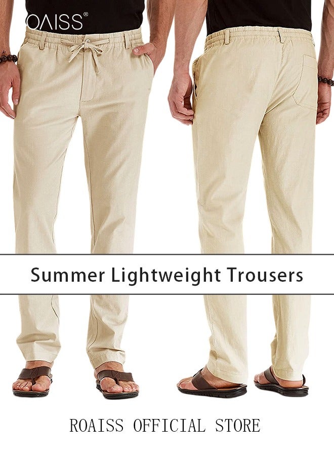 roaiss Men's Casual Solid Color Pants Cotton Versatile Business Trousers Mens Soft Comfortable Mid-Rise Straight Long Pants Loose Lace-Up Drawstring Waist Elastic Design Light Khaki  - Image 2