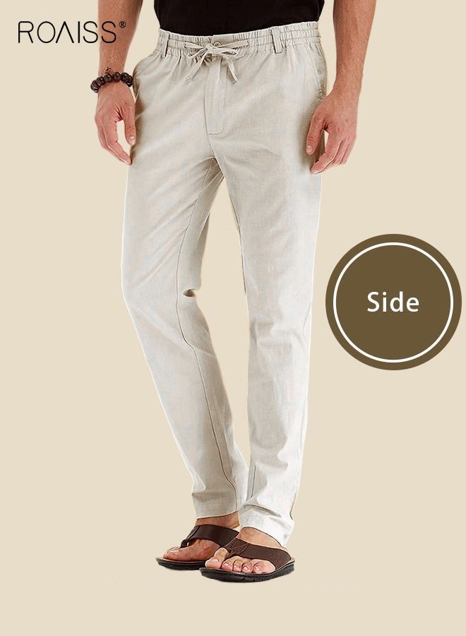roaiss Men's Casual Solid Color Pants Cotton Versatile Business Trousers Mens Soft Comfortable Mid-Rise Straight Long Pants Loose Lace-Up Drawstring Waist Elastic Design Light Khaki - Image 3