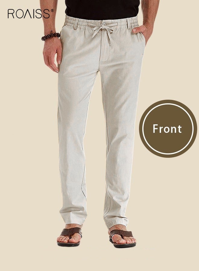 roaiss Men's Casual Solid Color Pants Cotton Versatile Business Trousers Mens Soft Comfortable Mid-Rise Straight Long Pants Loose Lace-Up Drawstring Waist Elastic Design Light Khaki - Image 4