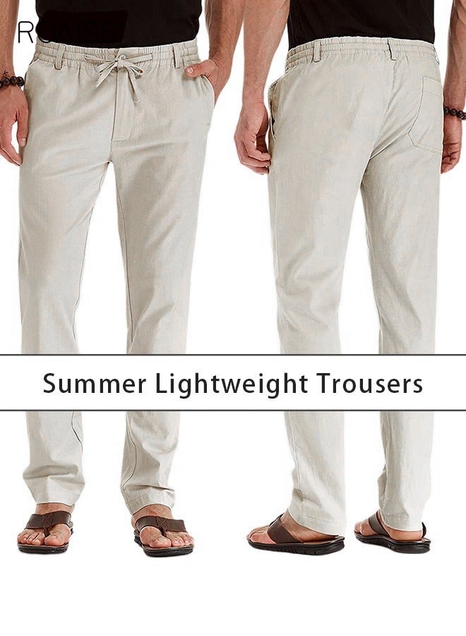 roaiss Men's Casual Solid Color Pants Cotton Versatile Business Trousers Mens Soft Comfortable Mid-Rise Straight Long Pants Loose Lace-Up Drawstring Waist Elastic Design Light Khaki - Image 2