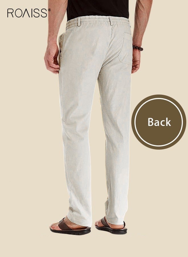 roaiss Men's Casual Solid Color Pants Cotton Versatile Business Trousers Mens Soft Comfortable Mid-Rise Straight Long Pants Loose Lace-Up Drawstring Waist Elastic Design Light Khaki - Image 5