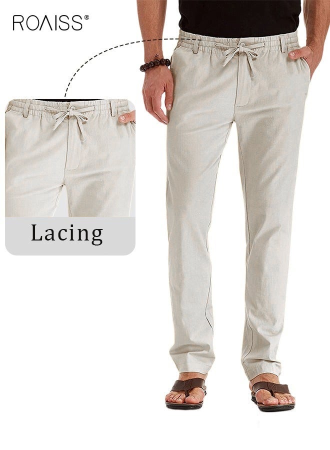 roaiss Men's Casual Solid Color Pants Cotton Versatile Business Trousers Mens Soft Comfortable Mid-Rise Straight Long Pants Loose Lace-Up Drawstring Waist Elastic Design Light Khaki - Image 1