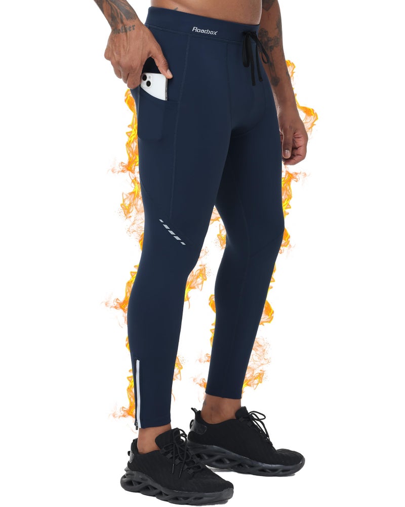 Roadbox Mens Thermal Cycling Pants, Fleece Lined Running Tights Zipper Pockets, Winter Water Resistant Compression Leggings Navy Blue - Image 1
