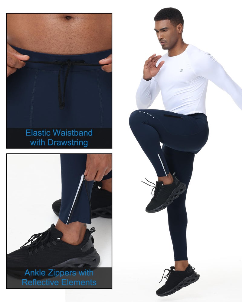 Roadbox Mens Thermal Cycling Pants, Fleece Lined Running Tights Zipper Pockets, Winter Water Resistant Compression Leggings Navy Blue - Image 4