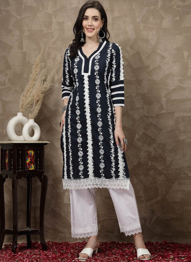 PlusS Navy Blue Floral Printed Cotton Kurta for Women - Image 1