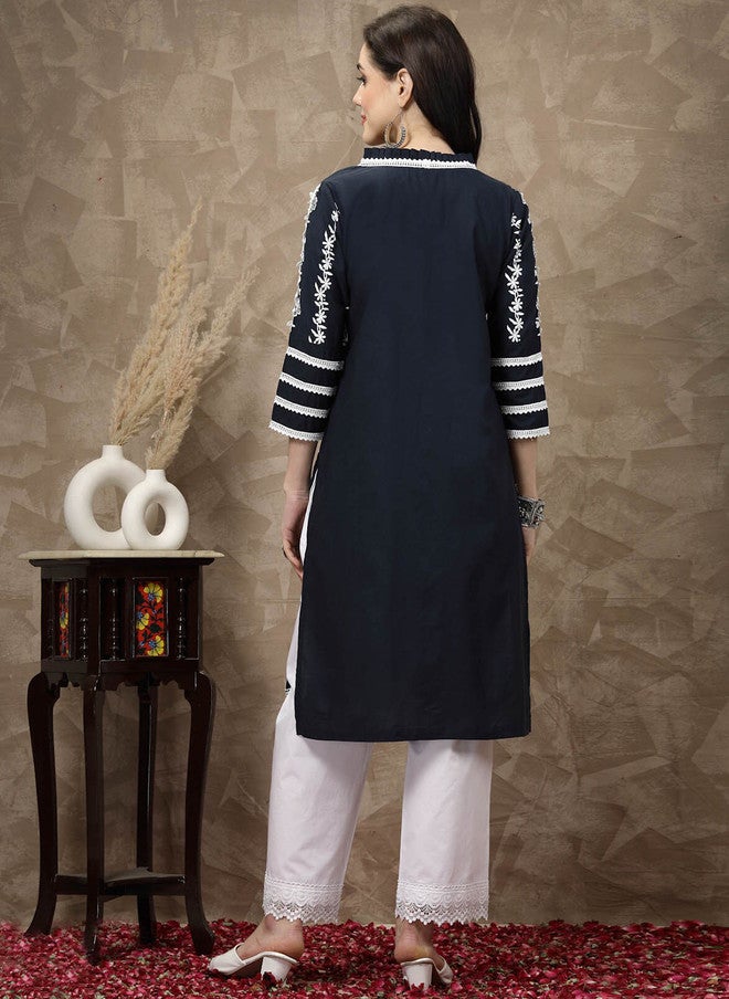 PlusS Navy Blue Floral Printed Cotton Kurta for Women - Image 5