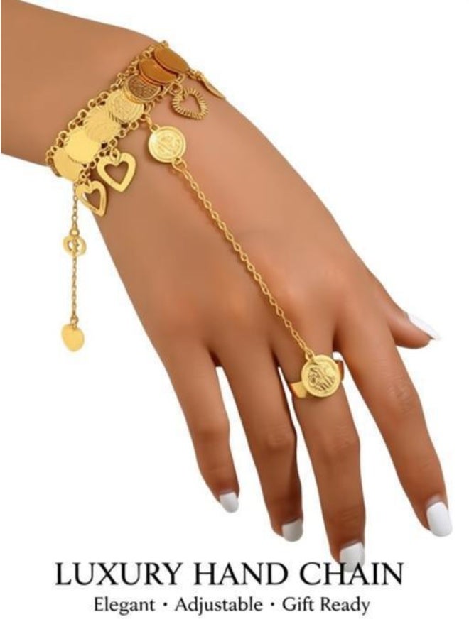 Gold Plated Hand Chain Bracelet for Women | Connected Ring Hand Harness Jewelry | Elegant Adjustable Finger Bracelet Gift for Her Ramadan - Image 1