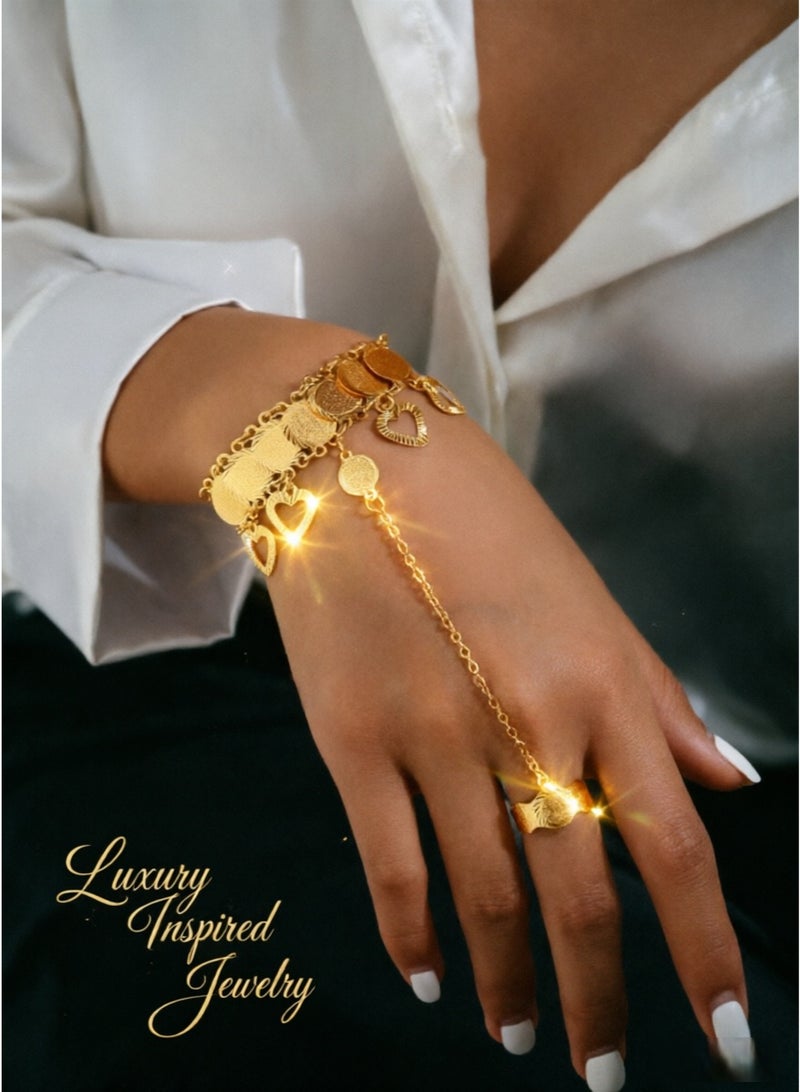 Gold Plated Hand Chain Bracelet for Women | Connected Ring Hand Harness Jewelry | Elegant Adjustable Finger Bracelet Gift for Her Ramadan - Image 2
