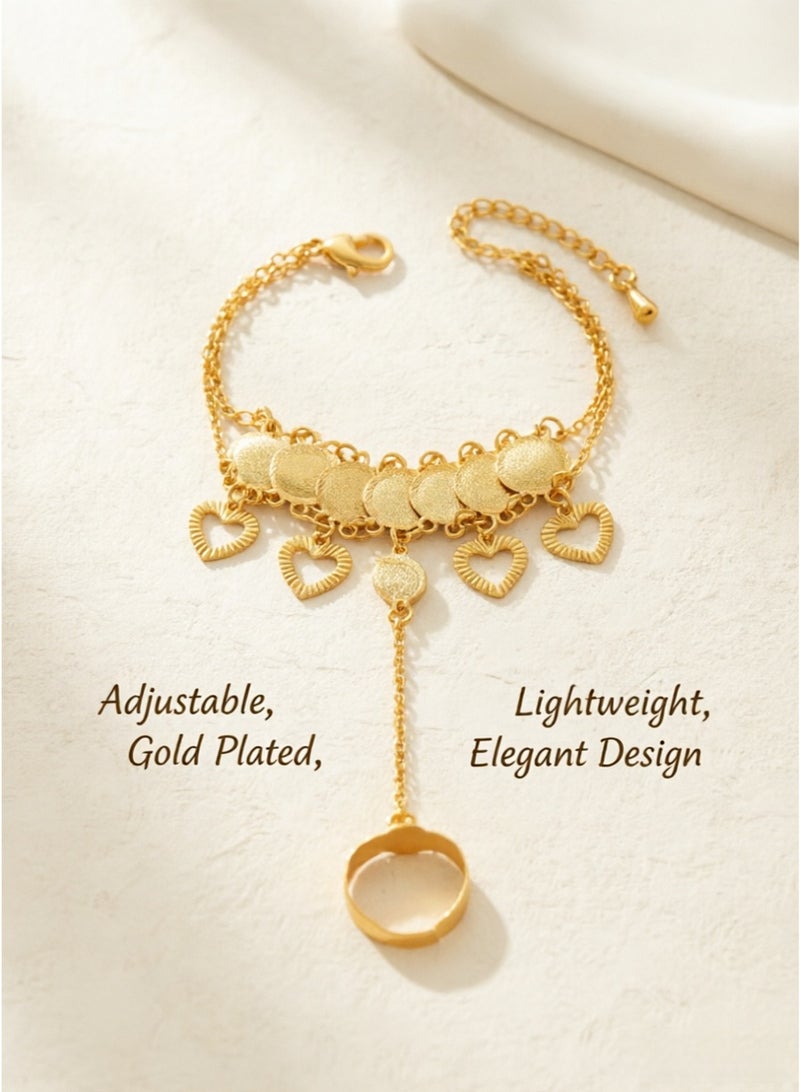 Gold Plated Hand Chain Bracelet for Women | Connected Ring Hand Harness Jewelry | Elegant Adjustable Finger Bracelet Gift for Her Ramadan - Image 4