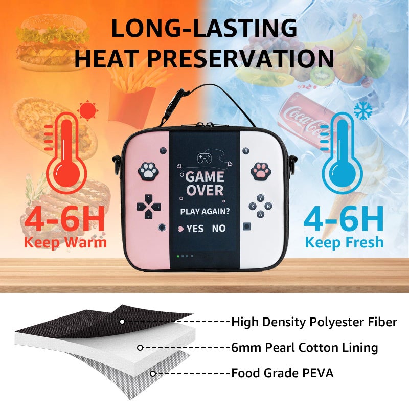 Easozoom Game Console Bento Insulated Lunch Bag lonchera for Teen Boy Kid Gamer Lunch Box Reusable Large Capacity Portable Waterproof Leakproof with name tag to School Office Picnic (Pink) - Image 2