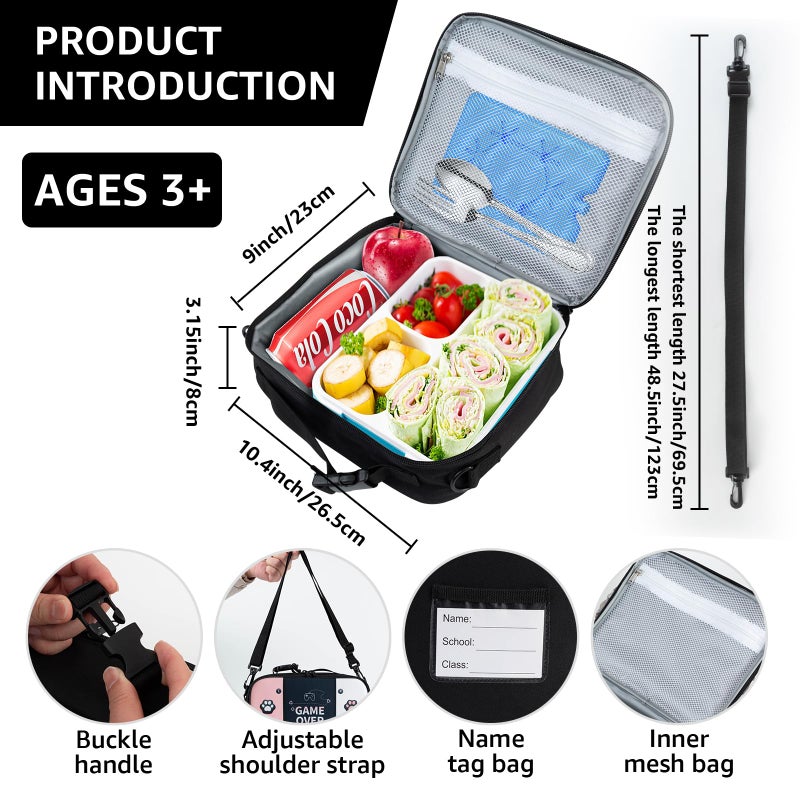 Easozoom Game Console Bento Insulated Lunch Bag lonchera for Teen Boy Kid Gamer Lunch Box Reusable Large Capacity Portable Waterproof Leakproof with name tag to School Office Picnic (Pink) - Image 3