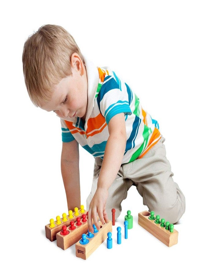 BOHS Montessori Knobbed Cylinders Blocks - 6 Pegs / 6.7 Inches - Colorful Wooden Early Home School Toys - 4pcs Set - Image 2