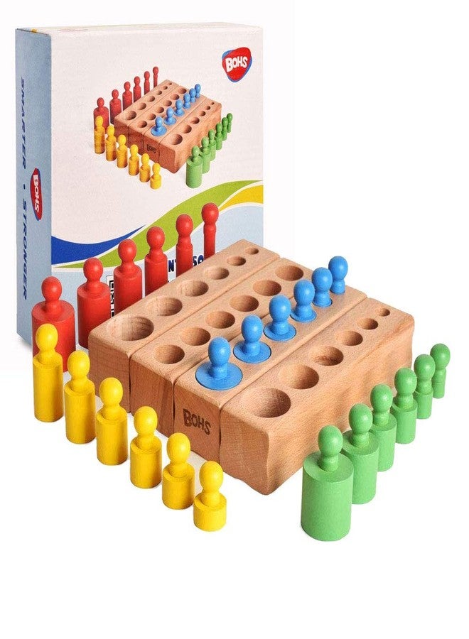 BOHS Montessori Knobbed Cylinders Blocks - 6 Pegs / 6.7 Inches - Colorful Wooden Early Home School Toys - 4pcs Set - Image 1