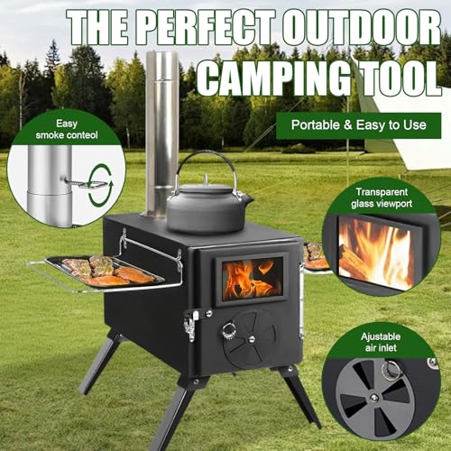 Qivine Portable Wood Stove, Foldable Hot Tent Stove, Wood Burning Stove with Chimney, No Smoke Leakage & Easy to Install, for Camping, Hunting, Ice Fishing, Cooking - Image 2