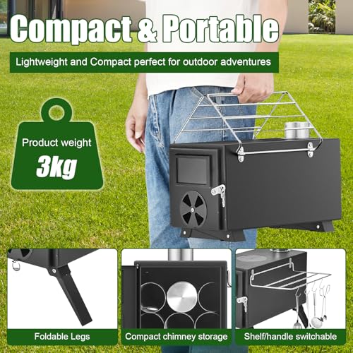 Qivine Portable Wood Stove, Foldable Hot Tent Stove, Wood Burning Stove with Chimney, No Smoke Leakage & Easy to Install, for Camping, Hunting, Ice Fishing, Cooking - Image 4