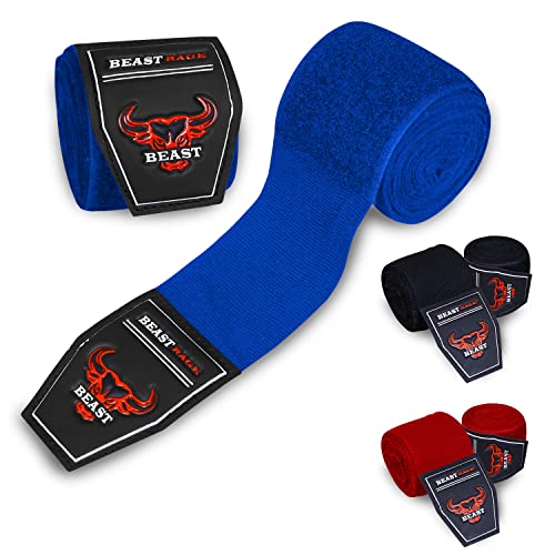 BEAST RAGE Boxing Hand Wraps 4.5 Meter Martial Arts Bandages Inner Gloves Wrist Support Straps Punching Under Hand Knuckles Heavy Elasticated Training Bag Mitts Muay Thai (4.5, Blue) - Image 1
