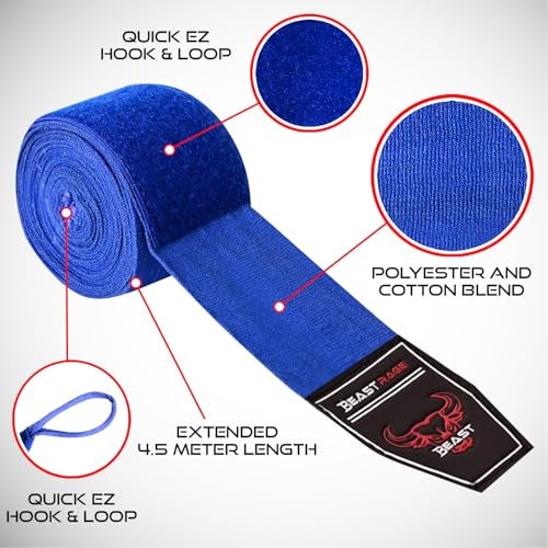 BEAST RAGE Boxing Hand Wraps 4.5 Meter Martial Arts Bandages Inner Gloves Wrist Support Straps Punching Under Hand Knuckles Heavy Elasticated Training Bag Mitts Muay Thai (4.5, Blue) - Image 2