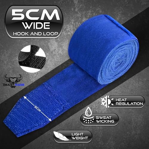 BEAST RAGE Boxing Hand Wraps 4.5 Meter Martial Arts Bandages Inner Gloves Wrist Support Straps Punching Under Hand Knuckles Heavy Elasticated Training Bag Mitts Muay Thai (4.5, Blue) - Image 4