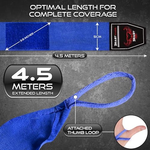 BEAST RAGE Boxing Hand Wraps 4.5 Meter Martial Arts Bandages Inner Gloves Wrist Support Straps Punching Under Hand Knuckles Heavy Elasticated Training Bag Mitts Muay Thai (4.5, Blue) - Image 3