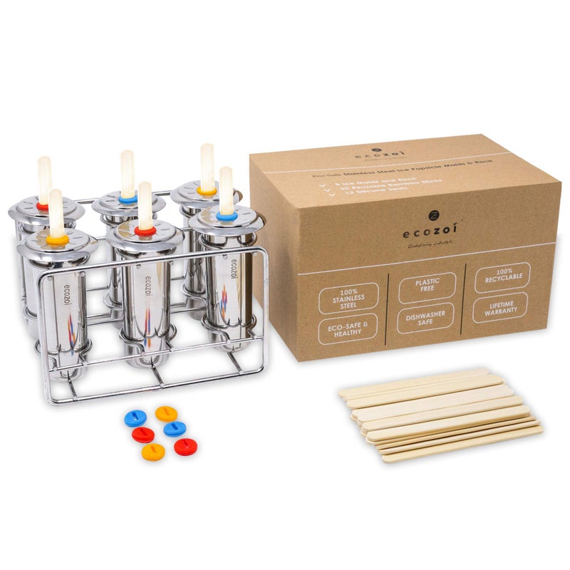 Ecozoi Stainless Steel Popsicle Molds, 6 Metal Ice Popsicle Makers, 30 Reusable Bamboo Sticks, 12 Silicone Seals and 1 Rack, Eco Popsicle Molds for Kids and Adults, 3 oz Per Mold (Round) - Image 1