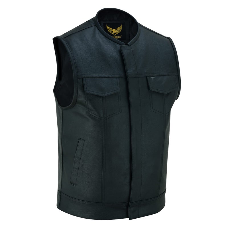 Leatherick Mens SOA Style Black Brown Distress Leather Biker Motorcycle Vest with Concealed Carry Pockets L Black Collarless