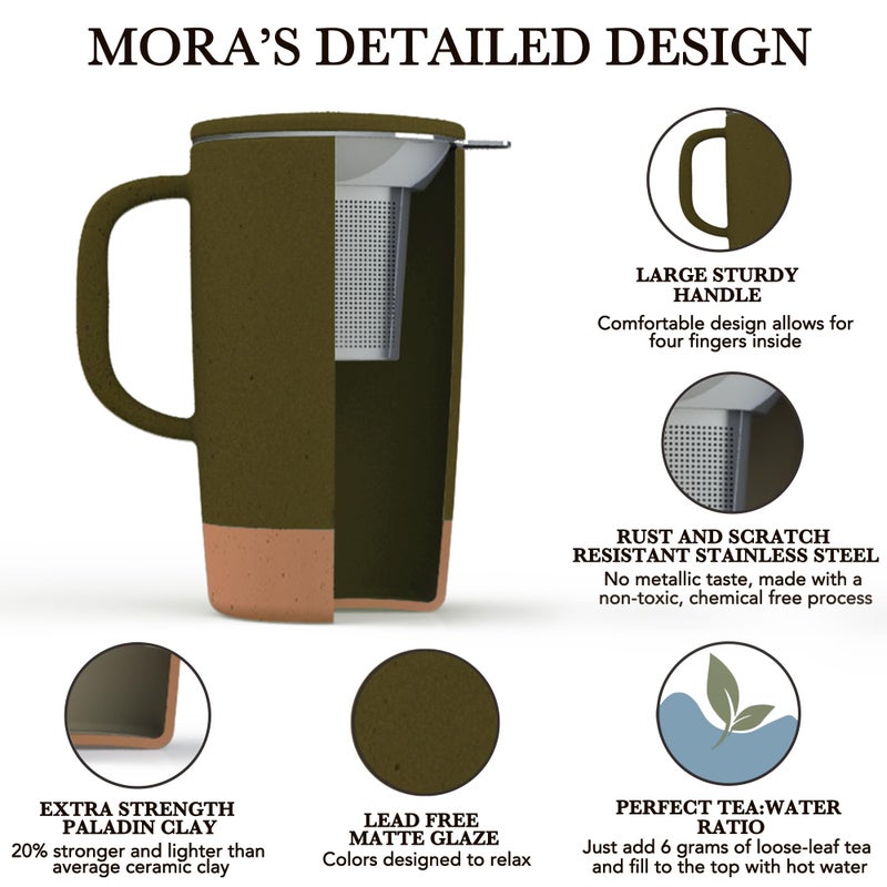 MORA CERAMICS HIT PAUSE Mora Ceramics Large Tea Mug with Loose Leaf Infuser and Ceramic Lid, 18 oz, Portable, Microwave and Dishwasher Safe, Tall Coffee Cup - Rustic Matte Ceramic Glaze, Modern Herbal Tea Strainer, Olive - Image 2