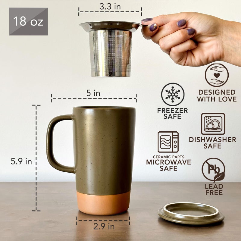 MORA CERAMICS HIT PAUSE Mora Ceramics Large Tea Mug with Loose Leaf Infuser and Ceramic Lid, 18 oz, Portable, Microwave and Dishwasher Safe, Tall Coffee Cup - Rustic Matte Ceramic Glaze, Modern Herbal Tea Strainer, Olive - Image 3