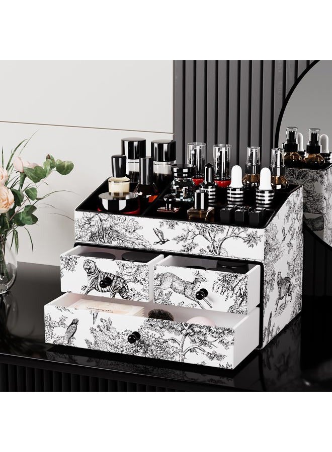 GORESE Leather Makeup Organizer with Drawers for Vanity, Stackable Skincare Organizer Countertop Makeup Holder Cosmetic Display Case for Bathroom, Counter, Dresser, Ideal Gifts for Women(Black Jungle) - Image 5