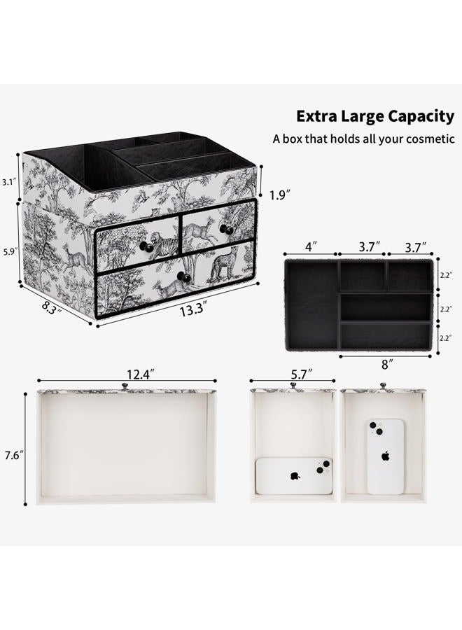 GORESE Leather Makeup Organizer with Drawers for Vanity, Stackable Skincare Organizer Countertop Makeup Holder Cosmetic Display Case for Bathroom, Counter, Dresser, Ideal Gifts for Women(Black Jungle) - Image 3