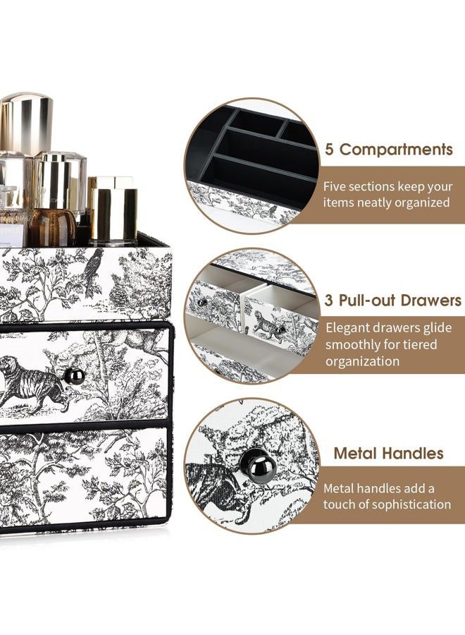 GORESE Leather Makeup Organizer with Drawers for Vanity, Stackable Skincare Organizer Countertop Makeup Holder Cosmetic Display Case for Bathroom, Counter, Dresser, Ideal Gifts for Women(Black Jungle) - Image 4