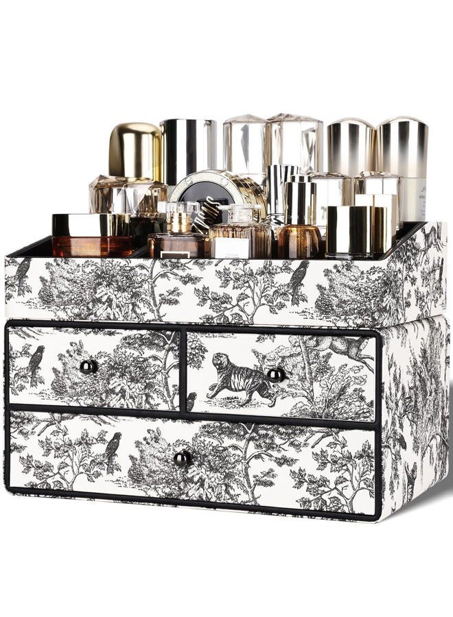 GORESE Leather Makeup Organizer with Drawers for Vanity, Stackable Skincare Organizer Countertop Makeup Holder Cosmetic Display Case for Bathroom, Counter, Dresser, Ideal Gifts for Women(Black Jungle) - Image 1